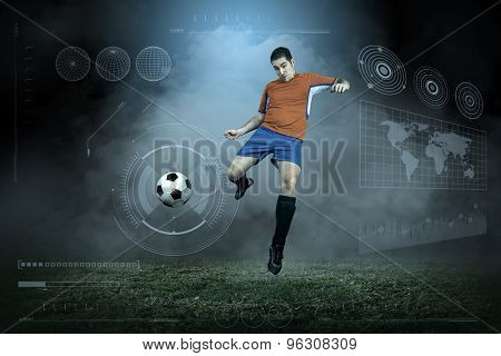 Soccer player with ball in action outdoors