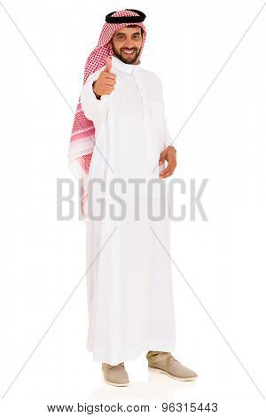 happy young muslim man giving thumb up on white background