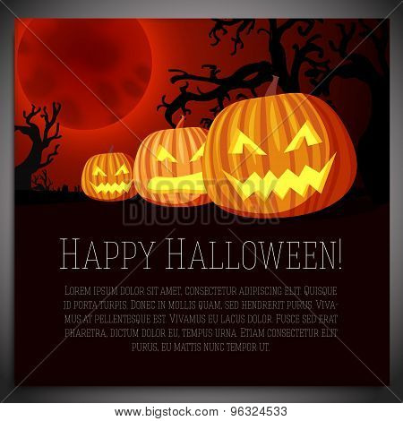 Big halloween banner with illustration of carved pumpkins on the red moony background and scary tree