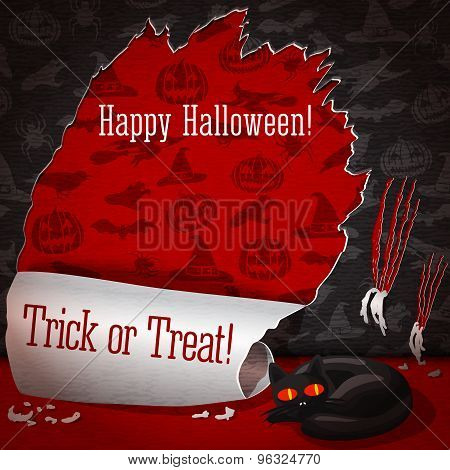 Cute illustration of cat, torn apart the halloween wallpapers and look like she did not do that.  Ve