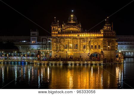 Golden Temple In Amritsar At Night.  India