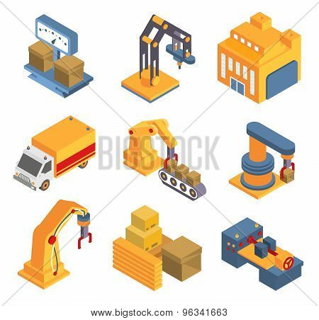 Isometric Factory Flowchart with Robotic Machinery Symbols