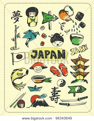 Sketch of Japan tradition object. Collection of Japan culture objects. Handdrawn Japan illustration. Japan pagoda. Traditional elements of Japan culture. Cute doodle of Japan. Travel Japan concept. Adventure in Asia. Japan mountain Fuji. Japan art.