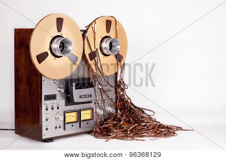 Open Reel Tape Deck Recorder Player with Messy Entangled Tape
