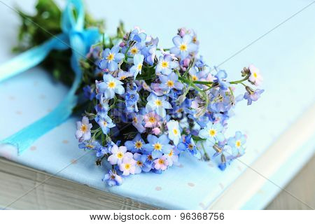 Forget-me-nots flowers on book, close up