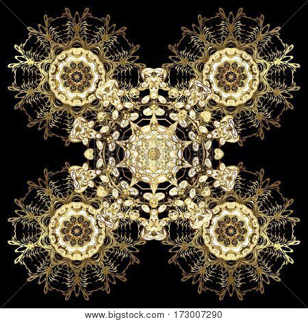 Happy Smiling Snowflakes. Vector Winter Design On A Black Background. Golden Snowflakes Decorated Wi