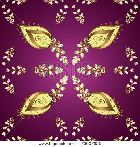 Golden Seamless Pattern On Purple Background With Golden Elements. Vector Abstract Background With R