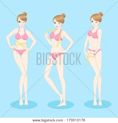 beauty cartoon woman wear bikini and take measure with blue background