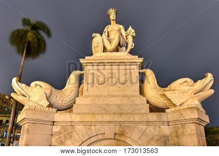 Havana, Cuba - Jan 7, 2017: Indian Fountain or Noble Havana is a representation of the shape of the Indian or more exactly the aborigine habana wife of cacique Habaguanex from whom the name of the capital of Cuba comes.