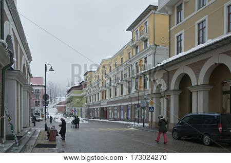 Sochi, Russia - January 21, 2017: Upper Gorky Gorod - all-season resort town 960 meters above sea level in the village of Krasnaya Polyana