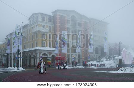 Sochi, Russia - January 21, 2017: Upper Gorky Gorod - all-season resort town 960 meters above sea level in the village of Krasnaya Polyana