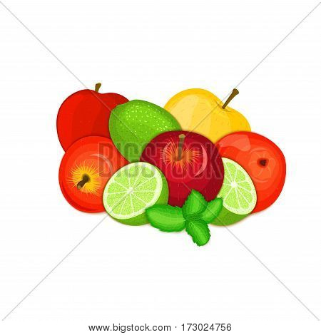 Vector composition of a few apples citrus lime and mint leaves Yellow, red and green apple fruits whole and slice tropical lemon fruit with pepper mint leaf for design of juice breakfast., vegan food