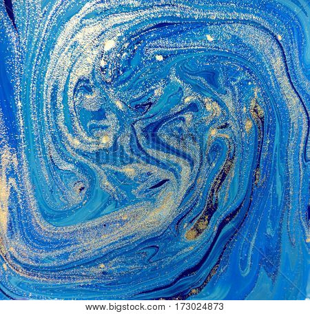Blue and gold liquid texture, watercolor hand drawn marbling illustration. Ink marble abstract pattern.