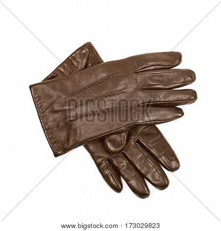 Pair of brown leather gloves isolated over the white background