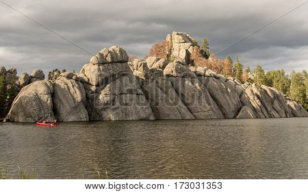 An unusual rock formation on the bank of Sylvan Lake in South Dakota.