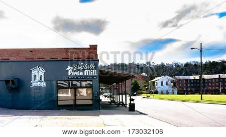 Prattville Alabama USA - January 28 2017: View of a local restaurant in downtown Prattville looking back toward the historic Daniell Pratt Cotton Gin Company.