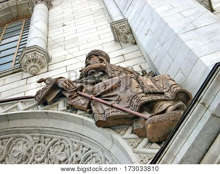 Moscow, Russia - August 28, 2016: The bas-relief on the wall of the eastern facade Cathedral of Christ the Savior. Orthodox architecture Russian. Summer, Moscow, Russia