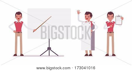 Set of young male typical office worker in a business smart casual wear, standing near empty whiteboard, holding frame, copyspace, presentation of information, full length, isolated, white background