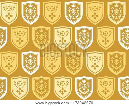 Emblems, seamless background, gold, vector.  Vector background with white and yellow coat of arms on a gold background. The coat of arms depicts twigs and flowers. The coat of arms. Natural pattern.