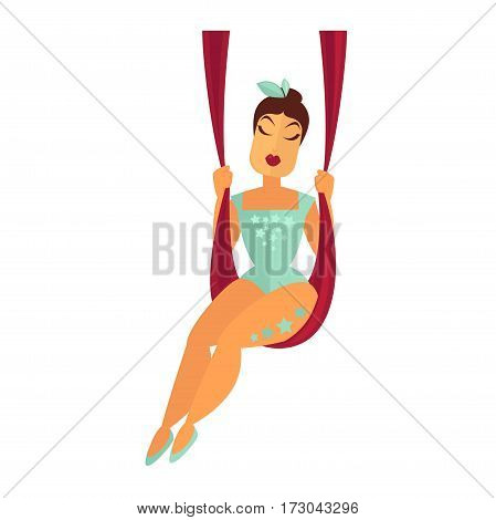Circus equilibrist or acrobat woman sitting on hanging rope or band swing. Balancer performer vector flat icon