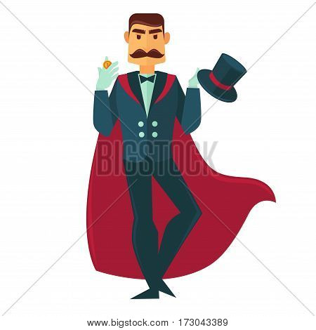 Circus illusionist magician showing coin trick. Man with magic hat and conjurer mantle. Vector flat icon