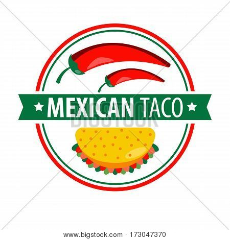 Taco logo icon isolated on white. Traditional Mexican dish composed of corn or wheat tortilla folded or rolled around a filling. Logotype design for taco shop with chilly peppers vector illustration