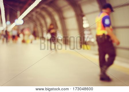 Blurred Image Of Passengers Waiting For Train & Security Man Is Working At Railway Station, Train St
