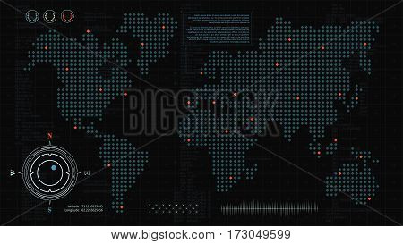 Head up display. Futuristic background with computer code HUD user interface elements and dotted world map for your design
