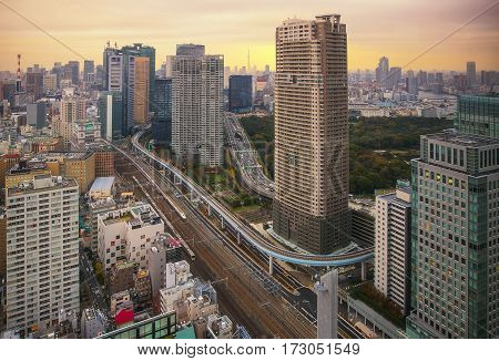 Tokyo Japan cityscape and monorail in morning.