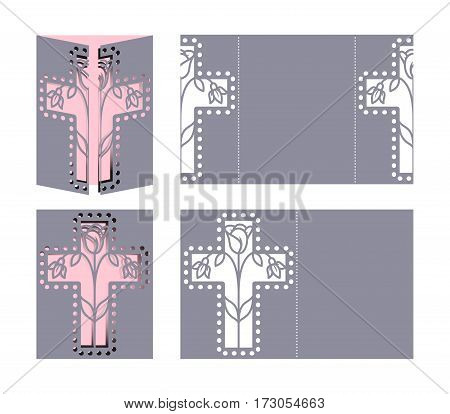 Laser cut template for Easter greeting fold-out cards, invitations. Easter cross with a floral pattern cut out of paper. Image suitable for laser cutting, plotter cutting or printing.