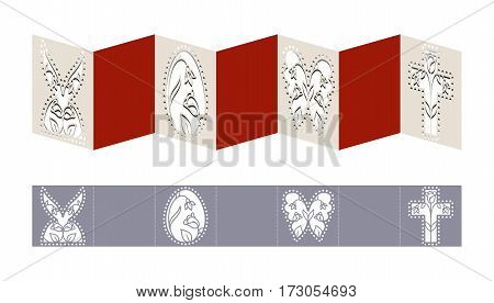 Laser cut template for Easter greeting fold-out cards, invitations. Easter egg, rabbit, butterfly and cross with a floral pattern cut out of paper. Image suitable for laser cutting, plotter cutting or printing.