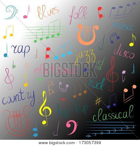 Colorful Hand Drawn Set of Music Symbols and Styles. Doodle Treble Clef Bass Clef Notes and Lyre. Lettering of Blues Electronic Jazz Rap Disco Folk Country Rock Classical. Vector Illustration.