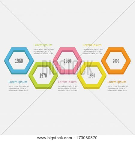 Five step Timeline Infographic. Colorful 3D big polygon segment. Template. Flat design. White background. Isolated. Vector illustration