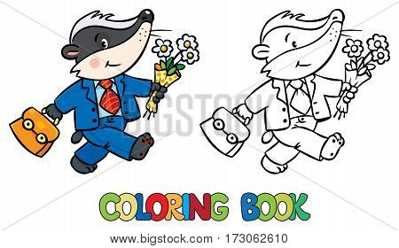 Coloring book of funny little baby badger in suit, with bag and flowers. Children vector illustration