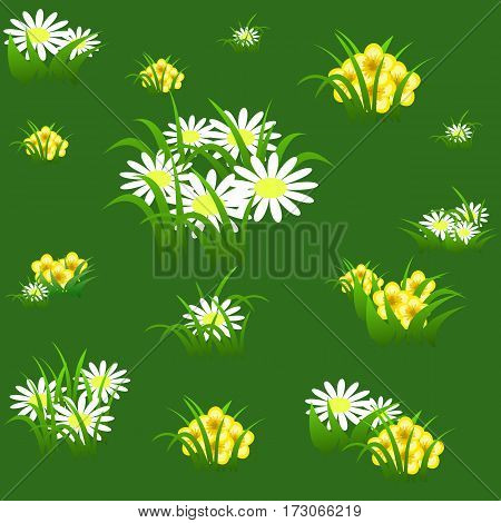Floral seamless pattern with chamomiles yellow flowers and grass on light green background. Vector illustration