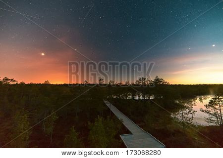 Starry summer night at a swamp. Viru raba Estonia
