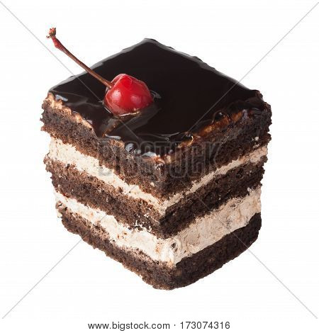 Chocolate cake with cherry isolated on white background