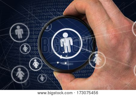 Big brother or social network privacy concept. Hacker is spying and stealing personal data from user account.