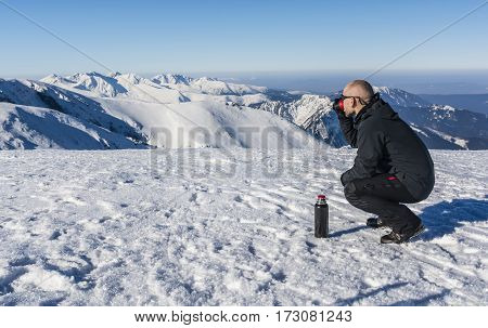 Tourists Drink Hot Tea In The Mountains.