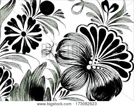 Beautiful Colorful Painting Flower With Leaves. Traditional Ukrainian Painting.