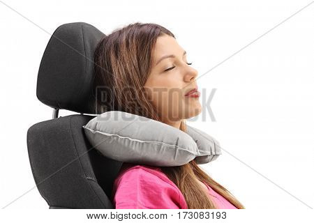 Woman using a neck pillow and resting on a seat isolated on white background