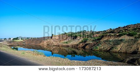 Rural landscape with pond near Axum Ethiopia