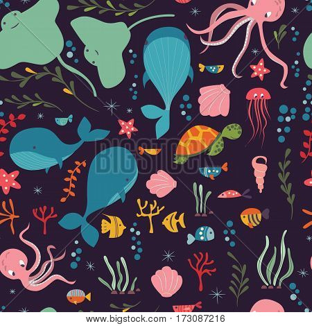 Seamless pattern with underwater ocean animals whale octopus stingray jellysfish colorful vector illustration