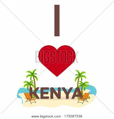 I Love Kenya. Travel. Palm, Summer, Lounge Chair. Vector Flat Illustration.