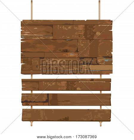 vector old weathered wooden sign hanging on a rope isolated background