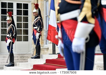 PARIS FRANCE - JUNE 10: Hotel Matignon Republican Guards of honor during a welcome ceremony on JUNE 10 2016 in Paris. Matignon is the official residence of the Prime Minister of France.
