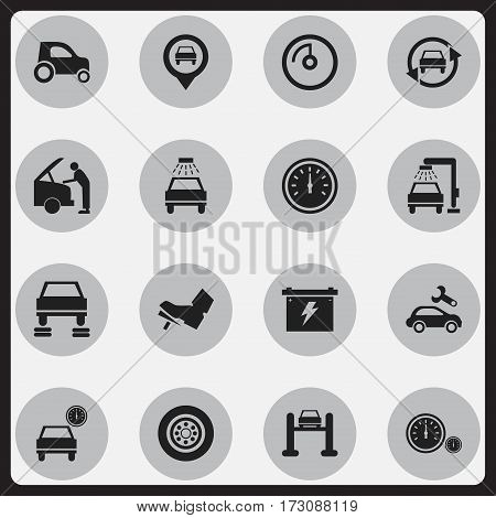 Set Of 16 Editable Transport Icons. Includes Symbols Such As Automotive Fix, Auto Repair, Car Lave And More. Can Be Used For Web, Mobile, UI And Infographic Design.