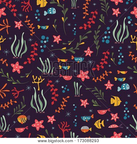 Seamless pattern with underwater ocean animals cute fish and plants colorful vector illustration