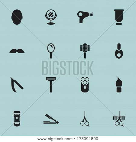 Set Of 16 Editable Barbershop Icons. Includes Symbols Such As Peeper, Reflector, Blade And More. Can Be Used For Web, Mobile, UI And Infographic Design.