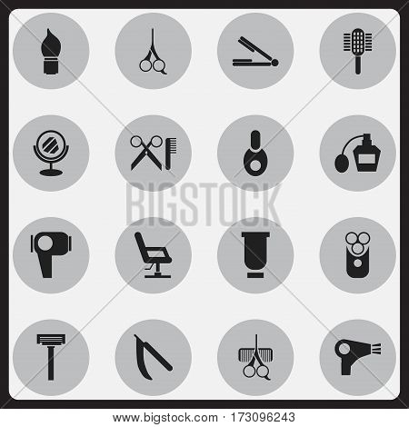 Set Of 16 Editable Barber Icons. Includes Symbols Such As Hairdresser Set, Peeper, Container And More. Can Be Used For Web, Mobile, UI And Infographic Design.